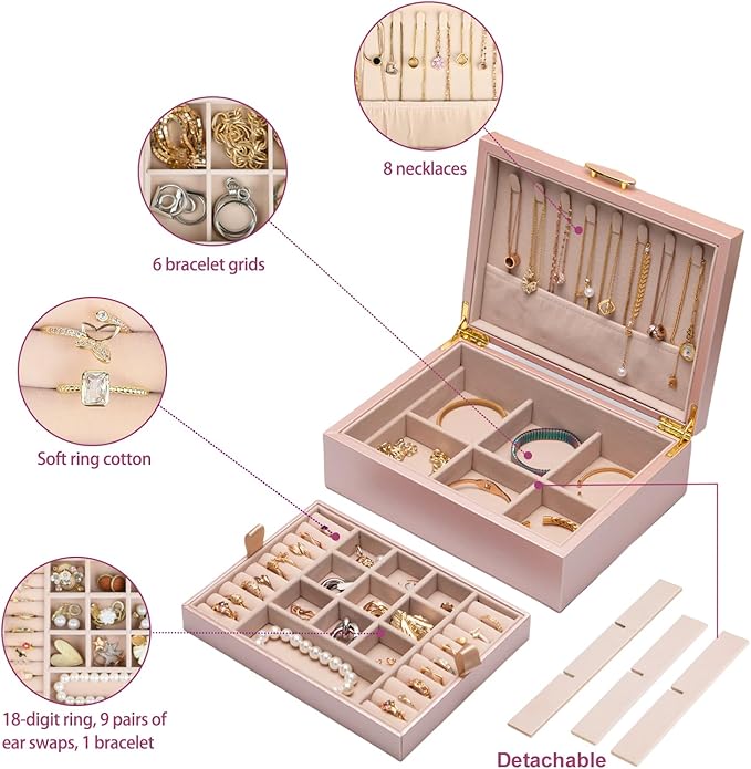 2-layer jewelry box，Jewelry Organizer with Handle，with hanging necklace hooks, detachable jewelry trays, suitable for storing a large amount of jewelry gift box (rose gold)