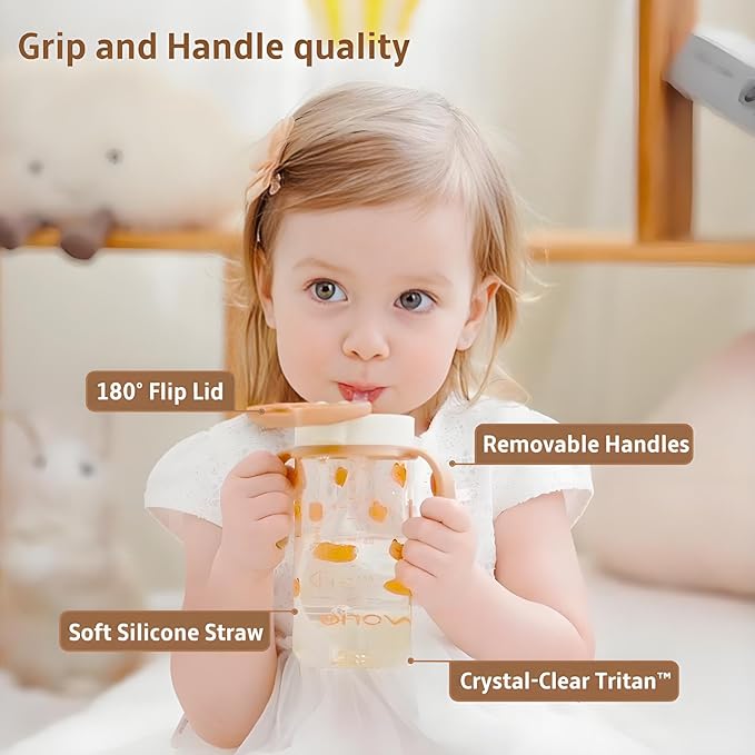 Evorie Tritan Spill Proof Toddler Straw Sippy Cup, 10 oz for Baby and Toddlers 1-3 Years Old, No Spill Straw Water Bottle with Removable Handles, Ideal for School, BPA-Free, Evorie Smiles