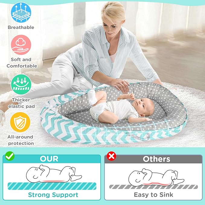 Baby Lounger - Baby Lounger for Newborn 0-24 Months, Breathable and Soft Cotton Cover Baby Nest, Portable Cozy Tummy Time Lounger for Home and Travel, Ideal Baby Essentials & Shower Gifts