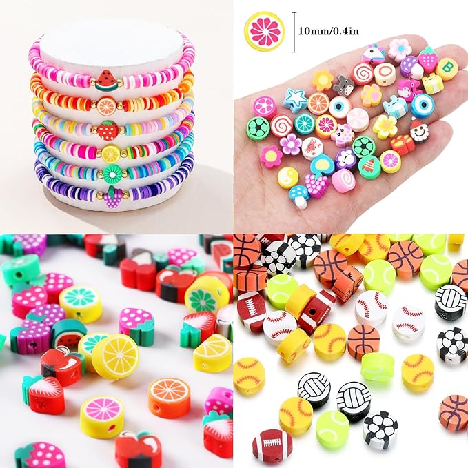 1000PCS Polymer Clay Beads Bracelet Making kit, 24 Style Cute Fun Beads Fruit Beads Charms for Jewelry Necklace Earring Making DIY Accessories for Women Girls