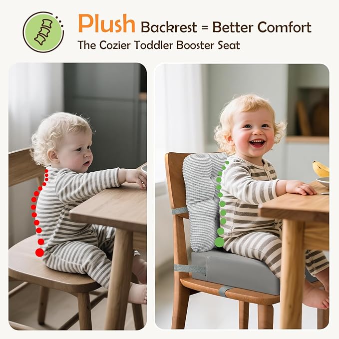 Booster Seat for Kitchen Chair with Comfy Backrest Pillow and Adjustable Safety Buckles,Non-Slip Kid Toddler Booster Seat for Dining Table, PU Travel Baby Booster Cushion Chair