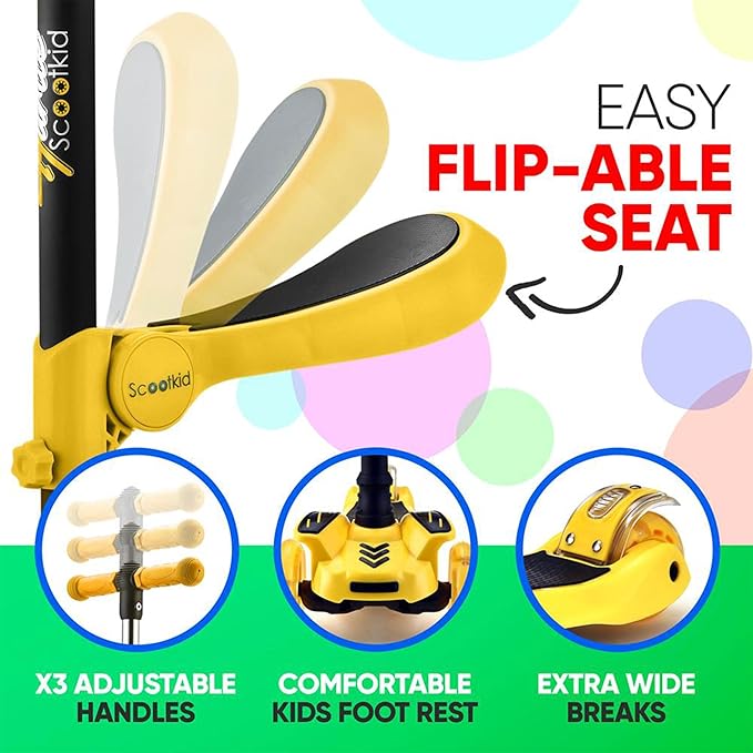 Hurtle 3-Wheeled Scooter for Kids - Wheel LED Lights, Adjustable Lean-to-Steer Handlebar, and Foldable Seat - Sit or Stand Ride with Brake for Boys and Girls Ages 1-14 Years Old