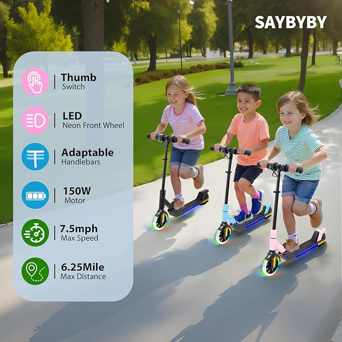 Electric Scooter for Kids Ages 6-12， Max Speed 6.5MPH, max Range 6Miles， with Acceleration Throttle and Electronic Brake， Foldable and Height Adjustable Kids Electric Scooter
