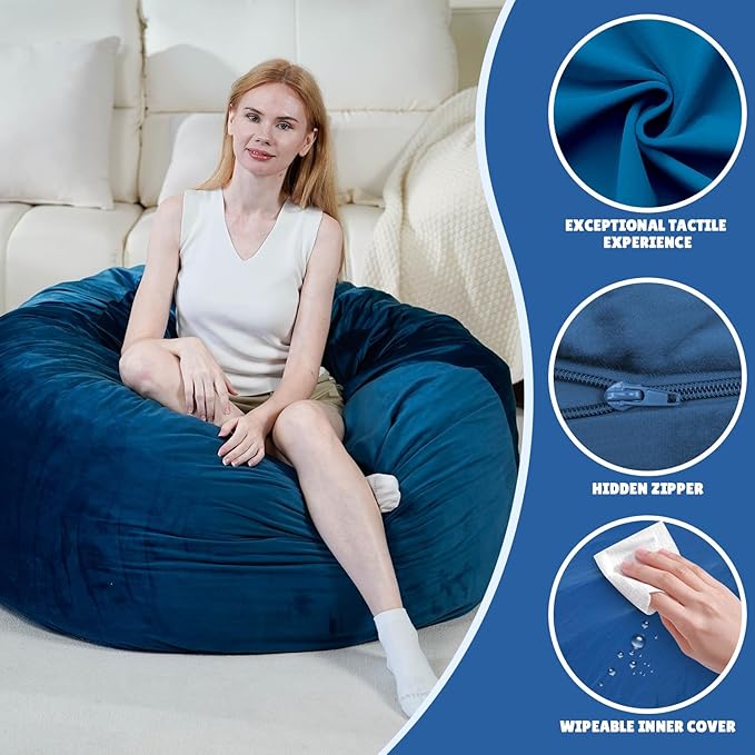 Bmag Giant Bean Bag Chair for Adults, 6FT Bean Bag Chair Convertible Bean Bag Pad, Lazy Sofa Chairs with Memory Foam Filler, Removable Washable Cover for Living Room Bedroom Office - Blue