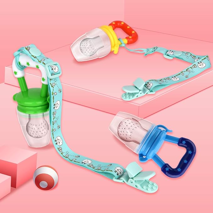 Food Feeder Baby Fruit Pacifier (3 Pcs) with 6 Different Sized Silicone Pacifiers 2 PCS Dispensing Spoon 90ML Spoons Clip Infant Teething Feeders -Blue