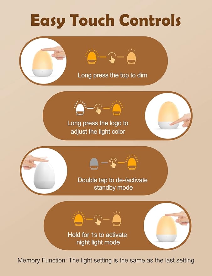 JolyWell Baby Night Light for Kid, Portable Egg Nightlight with Stable Charging Pad, Touch Nursery Night Lamp for Breastfeeding, Toddler Night Light for Bedroom, Timer Setting, ABS+PC, White-2