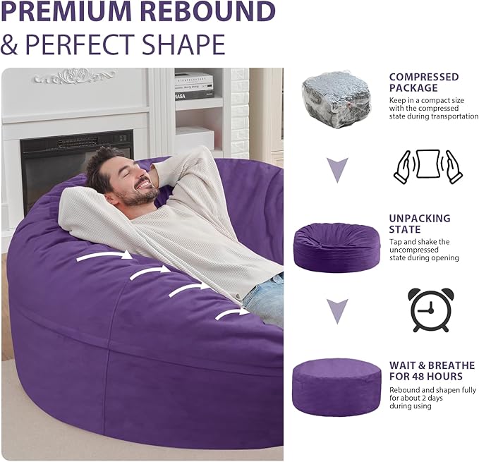 6FT Bean Bag Chair, Large Bean Bag Chairs with Memory Foam Filled, Fluffy Beanbag Sofa with Dutch Velvet Cover, Round BeanBag Chairs for Living Room, Playroom - Purple
