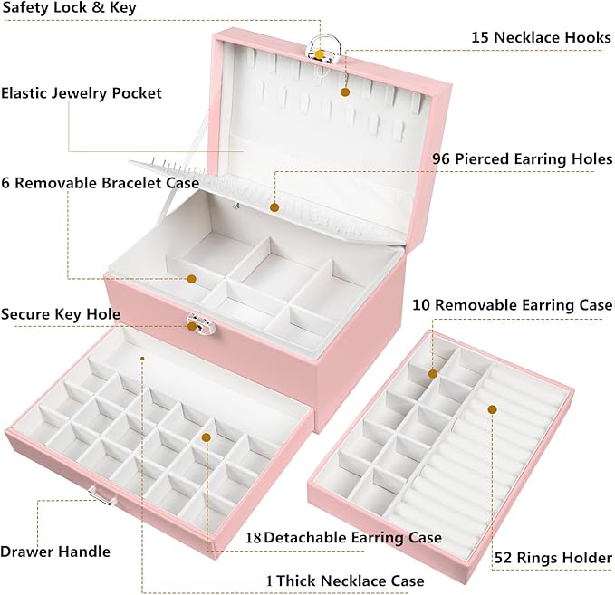 Earrings Jewelry Box for Girls, 5 Layers Jewelry Organizer with Earring Holder Organizer for Girls Earring Organizer Jewelry Boxes for Women Earrings and Necklaces Jewelry Box Organizer Pink