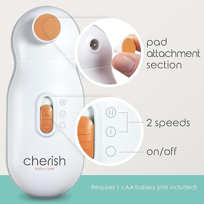 Cherish Baby Care Baby Nail Trimmer Electric - Automatic Safety Stop, BPA-Free & Safety-Tested Electric Nail File Baby, Includes 4 File Pads, 0-12+ Months