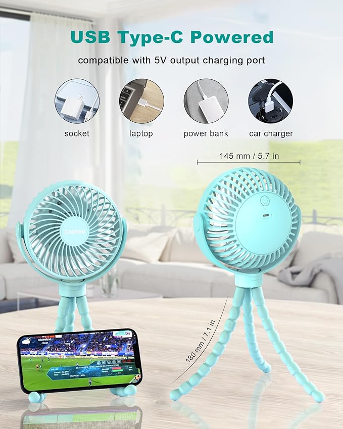 Stroller Fan Clip on for Baby, 4000mAh Rechargeable Battery Operated, Flexible Tripod, 3 Wind Speed, 360° Rotatable, Small Cooling Portable Fan for Car Seat Crib Bike Travel Beach, Blue