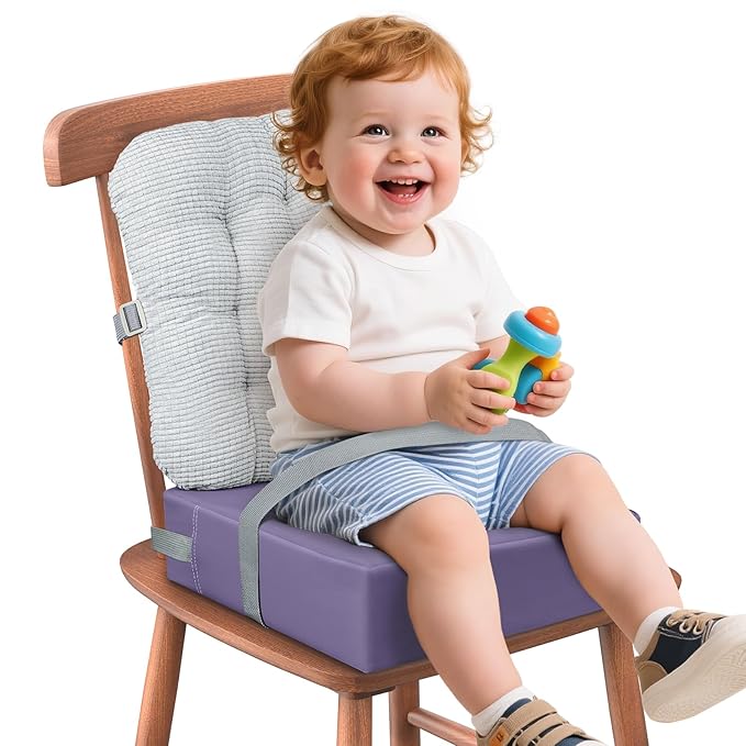 Booster Seat for Kitchen Chair with Comfy Backrest and Adjustable Safety Buckles,Non-Slip Kid Toddler Booster Seat for Dining Table,Portable PU Travel Baby Booster Increasing Cushion Chair