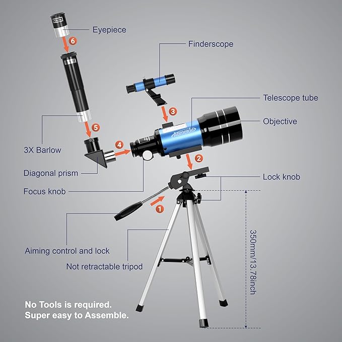 AOMEKIE Telescopes,70mm Aperture 300mm Table Tripod, Astronomical for Beginners,2 Eyepieces 150X with Smartphone Adapter Moon Filter 3X Barlow