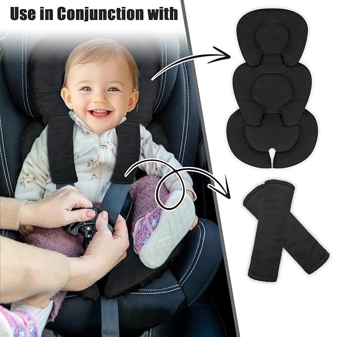 Infant Car Seat Insert Head and Body Support, GFU Reversible Newborn Insert for Carseat with Strap Pads, Soft Stroller Cushion Pillow Insert for Boys and Girls, Fits for Stroller, Swing, Black