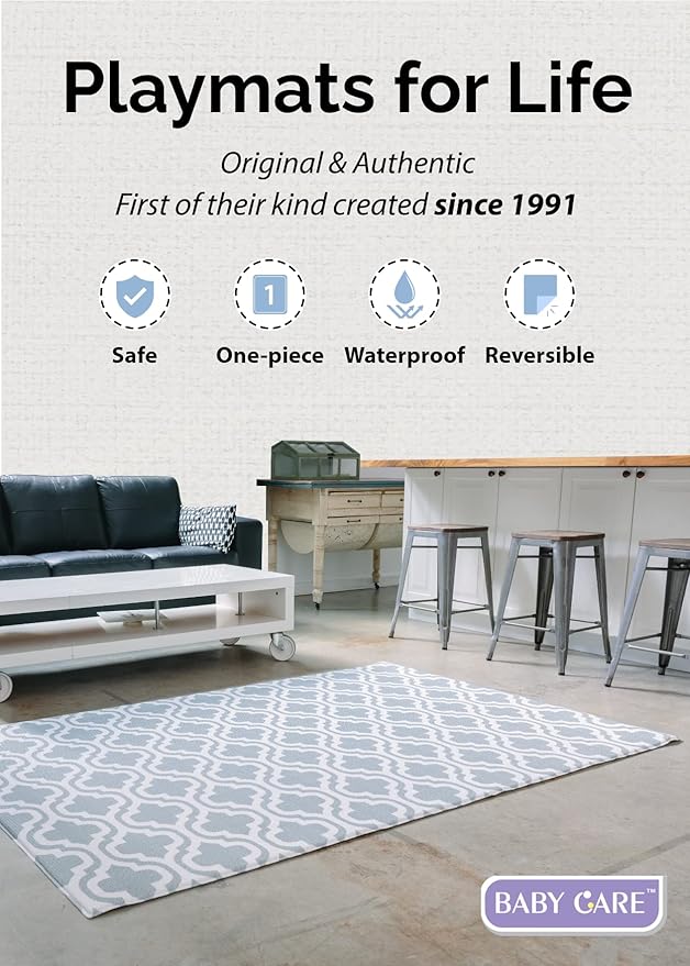 Baby Care Play Mat (Medium, Moroccan - Blue) 73’’ x 49’’ Original One-Piece Reversible Rollable Waterproof Play Mat for Infants, Babies, Toddler, and Kids
