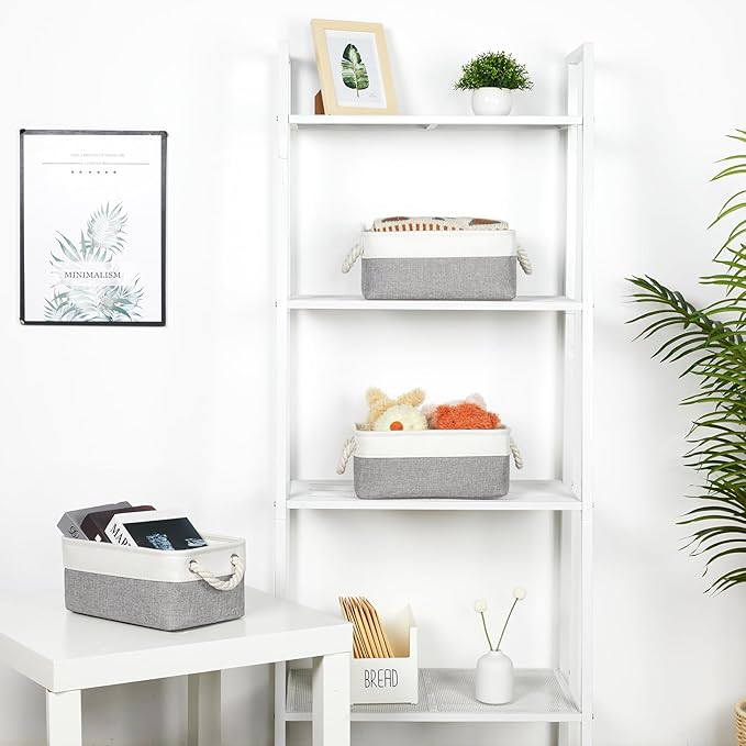 Bidtakay Small Baskets Fabric Storage Baskets for Organizing 3-Pack 12x8x5 Inch Collapsible Storage Bins for Shelves Canvas Bins for Closet Organization Home Baskets Storage Linen Closet S-White&Grey