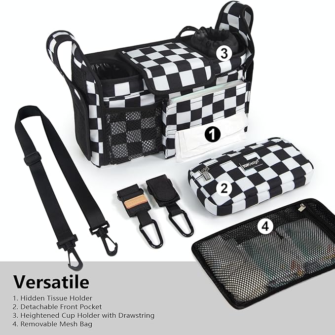 TOPDesign Universal Baby Stroller Organizer, Stroller Caddy with Detachable Mesh Bag & Heightened Insulated Cup Holders & Non-Slip Secure Hooks Accessories, Fits Most Strollers (Checkerboard)