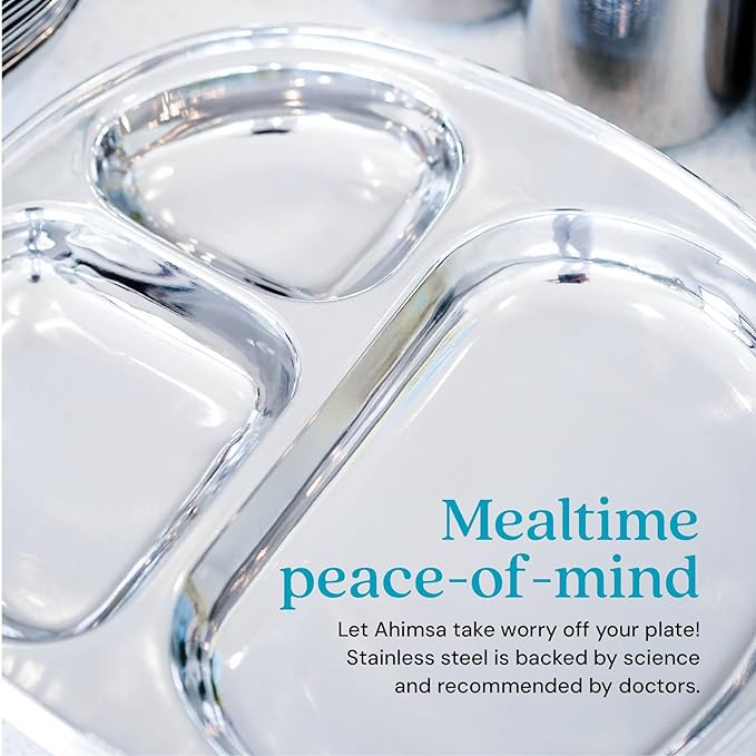 Ahimsa Stainless Steel Kids Dinnerware Set - 5 Piece Toddler Plates and Bowls Set, Pediatrician Designed, Includes Non Toxic Toddler Plate and Bowl, Kids Utensils and Cup (Classic Stainless Steel)