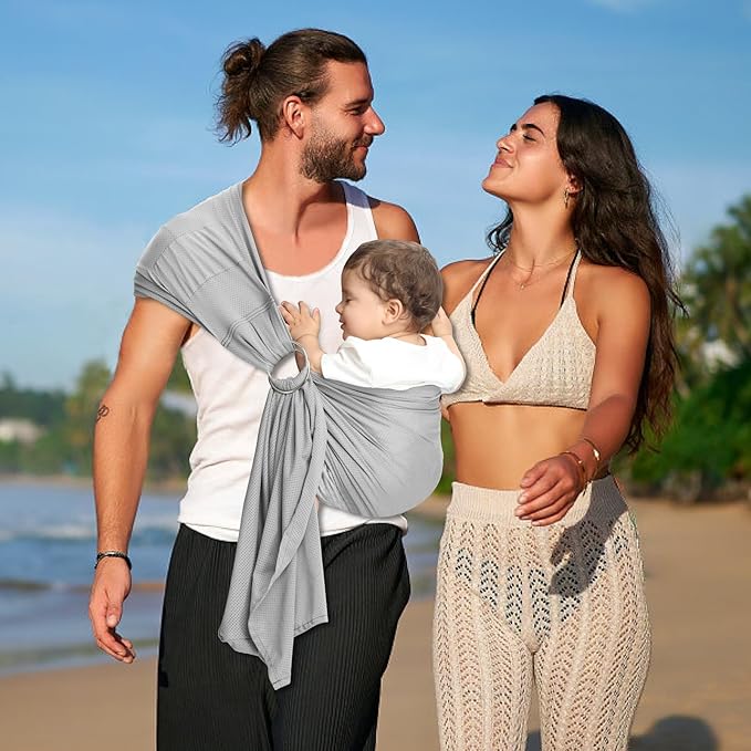 CUBY Water Baby Sling Carrier Lightweight Breathable Mesh Baby Ring Slings, Adjustable Quick-Drying Ring Sling Baby Carrier for Newborn Kids Toddlers Summer Swimming Pool Beach(Light Gray)