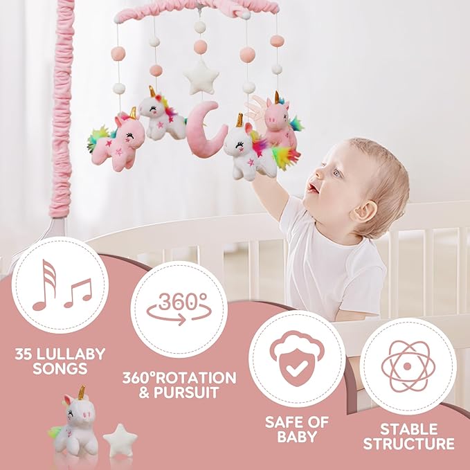 Baby Crib Mobile - Unicorn Crib Mobile for Girls with 25 Inches Mobile Arm and 35 Lullabies Musical Box, 3 Modes Digital, Volume Control, Essential Gift for Infant Bedroom Hanging Decor