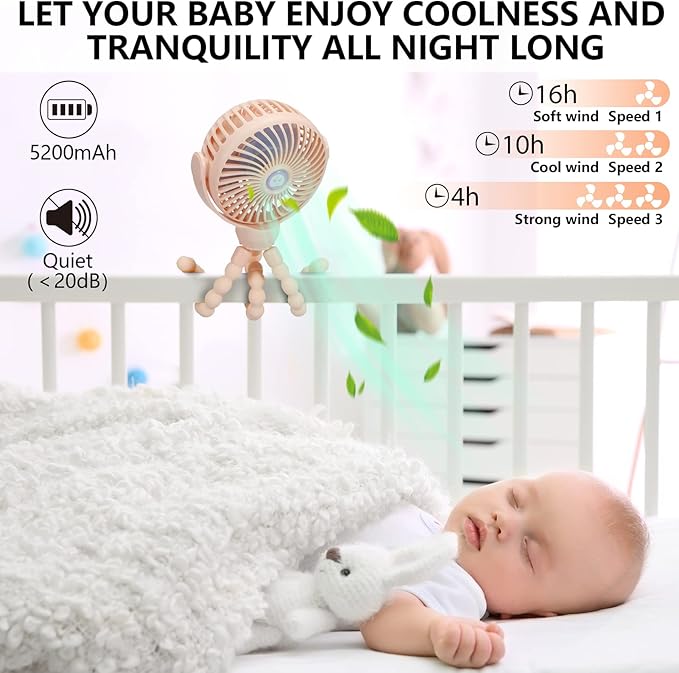 snawowo Mini Portable Baby Stroller Fan, Battery Operated Clip on Fan, Rechargeable 360° Rotate Flexible Tripod Handheld Cooling for Car Seat Crib Treadmill Travel（Pink）