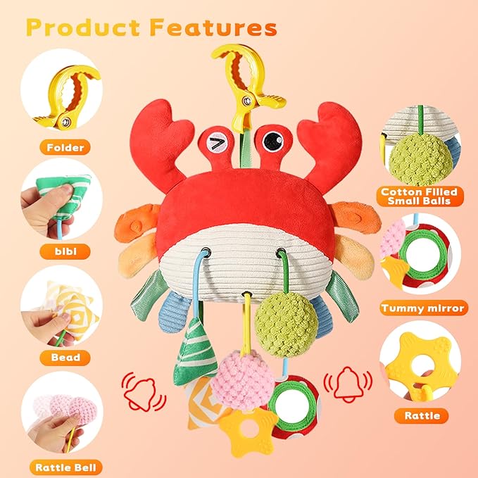 Car Seat Toys for Babies 0–12 Months, Hanging Infant Plush Rattle Toy with Mirror & Crinkle Clip-On Activity Toy for Car Seat, Stroller, Crib & Play Gym Baby Gift for Boys & Girls