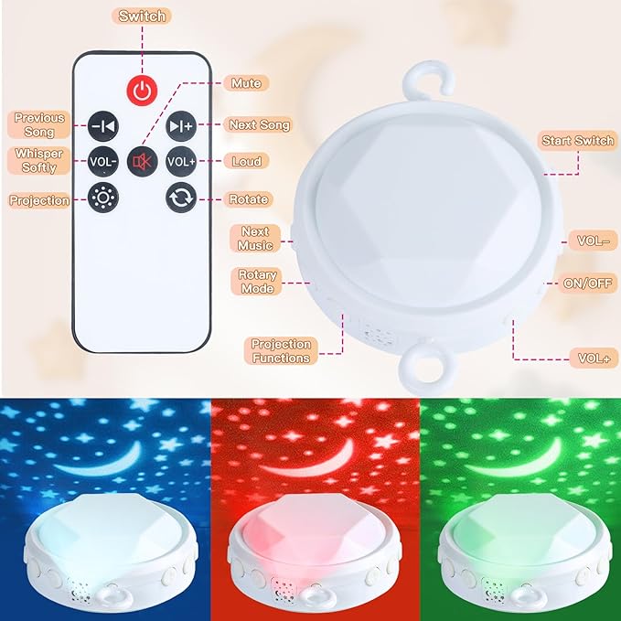 Baby Crib Mobile with Music and Lights, Mobile for Crib with Remote Control, Rotation, Starlight Projection, Crib Toys for Babies Boys Girls(Green)