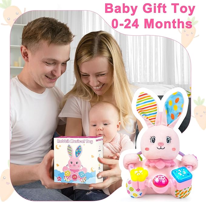 Baby Rabbit Musical Stuffed Animals Toy,Infant Bunny Bilingual Early Learning Education Toy with Light-Up Music & Crinkle,1st Easter Basket Shower Stuffers for 0 1 2 3 6 9 12 18 Month Girl,Pink
