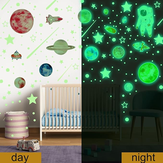 Glow in The Dark Stars for Ceiling Decor,849 Pcs Glowing Stickers for Ceiling Planets, Luminous Stars and Dots Wall Decals Kids Living Room,Rocket Astronaut Decorations for Boys Girls
