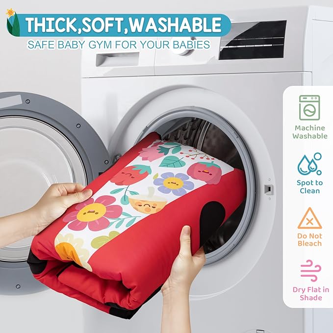 Jyusmile Baby Play Gym Mat, 8-in-1 Tummy Time Mat with 6 Toys, Washable Baby Activity Mat for Visual, Hearing, Sensory, Motor Development, Baby Essentials Gift for Newborn Infant 0-3-6-9-12 Months