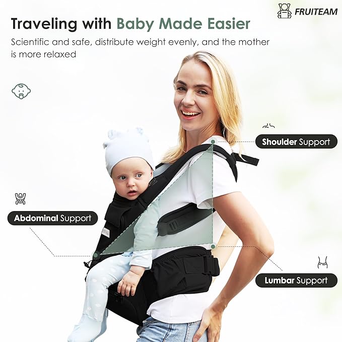 FRUITEAM Baby Carrier Newborn to Toddler 6 in 1 Hip Waist Stool with Head and Lumbar Support, Safety - Certified Hip Seat Carrier, Adjustable & Removable Baby Carrier for All Seasons, Black