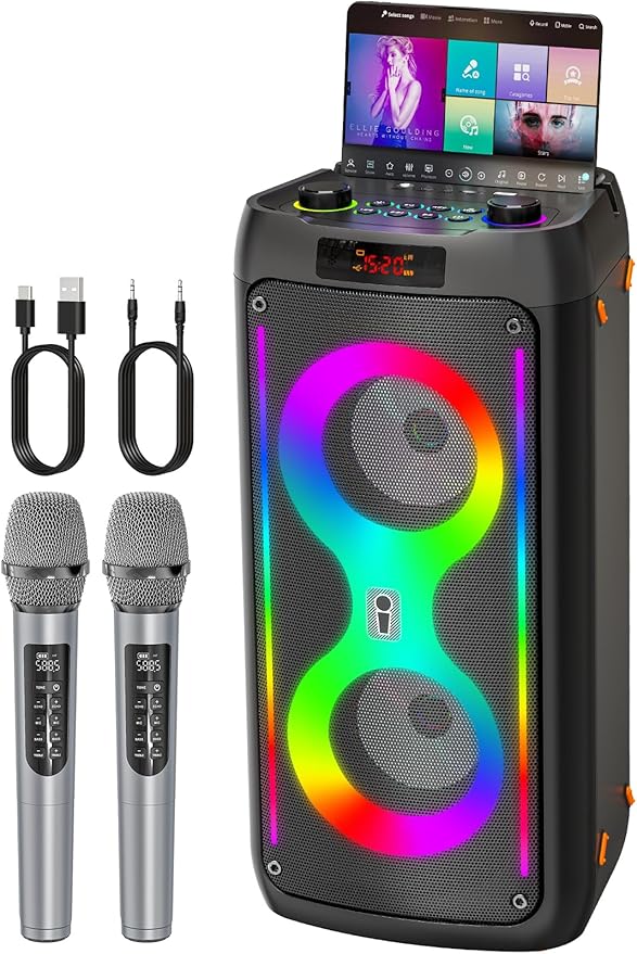 Karaoke Machine for Adults, Portable Bluetooth Speaker with 2 Wireless Microphones, PA System with Disco Lights for Big Party, Outdoor, Supports USB/TF/REC/FM/AUX, Ideal Gifts for Family, Music Lover