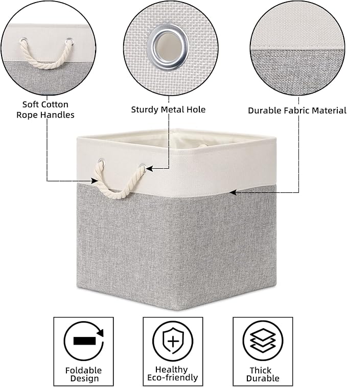 Bidtakay Fabric Basket Set - Large Square Organizer Bins, 13x13, Set of 3, White & Grey