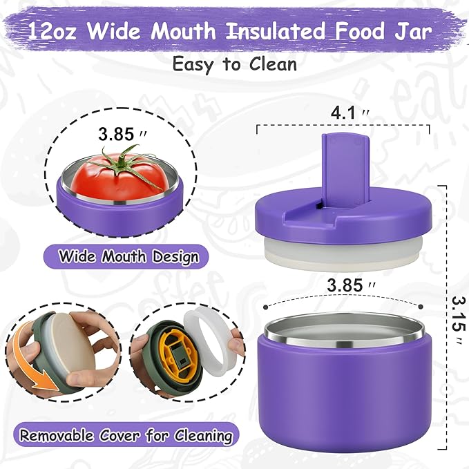 12oz Insulated Vacuum Food Jar with Buckle Lid Wide Mouth Soup Thermo for Hot Food Kids Leakproof Stainless Steel Lunch Container (Purple, 12OZ)