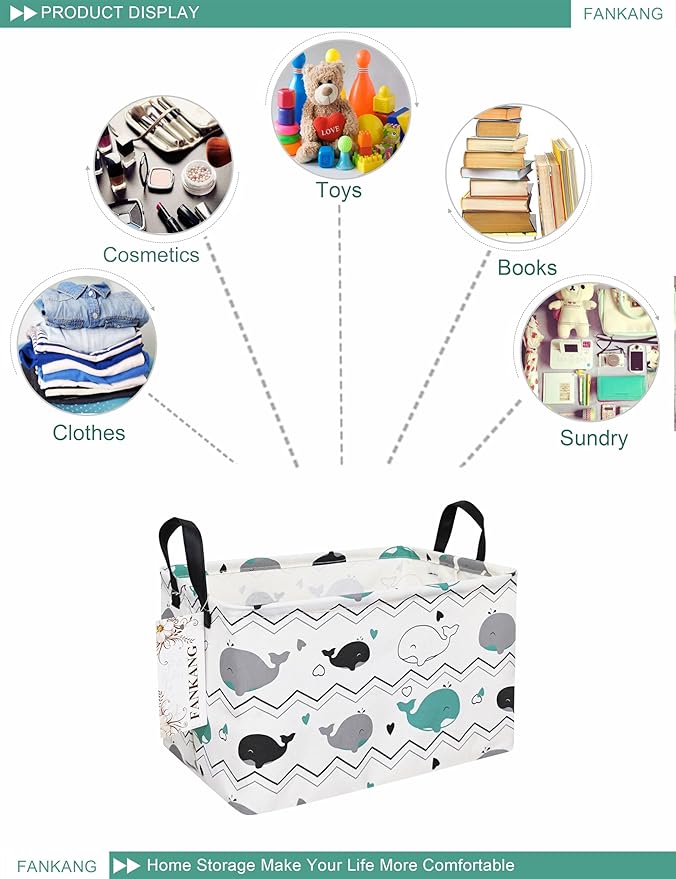 FANKANG Storage Bins, Nursery Hamper Canvas Laundry Basket Foldable with Waterproof PE Coating Large Storage Baskets for Kids Boys and Girls, Office, Bedroom, Clothes,Toys(Rec-whales ）