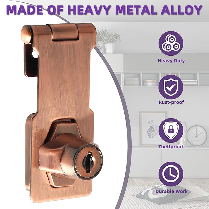 Alise Keyed Hasp Lock,3 Inch Safety Packlock Clasp Hasp Lock Latch with Lock,Door Hinge Lock with Keys Keyed Locking Hasp for Cabinets Closets Doors,Red Bronze