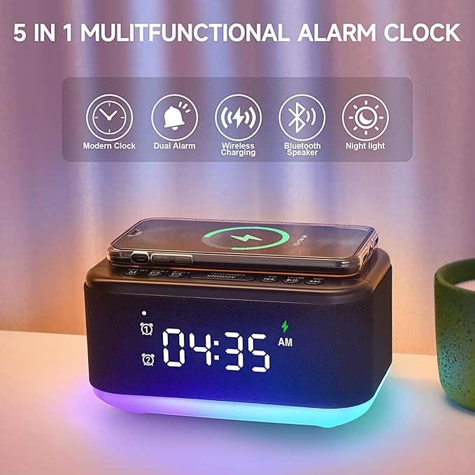 Alarm Clock Speaker Wireless Charger, Digital Alarm Clocks Bedrooms Bluetooth, Alarm Clock Dimmable Light Bedrooms Dual Alarm Snooze Dimmer 12 24H RGB Night Light Bluetooth USB AUX, Black
