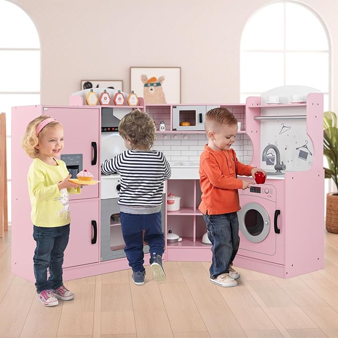Costzon Corner Kids Kitchen Playset, Wooden Play Kitchen with Sounds & Lights, Washing Machine, Range Hood, Ice Maker, Microwave, Oven, Sink, Pretend Toy Kitchen Set for Toddler, Gift for Boys Girls