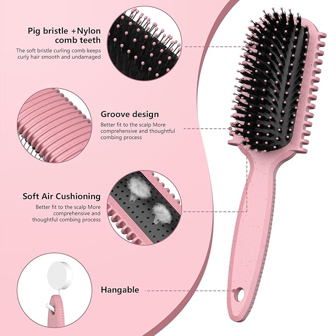 Curl Defining Brush, Curly Hair Brush, Slick Back Hair Brush, For Combing and Shaping Curls in All Hairstyles to Reduce Pulling (Pink)