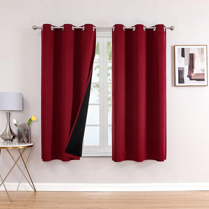 ChrisDowa 100% Blackout Curtains for Bedroom with Black Liner, 2 Thick Layers Total Blackout Thermal Insulated Grommet Small Window Curtains 2 Panels Set (Burgundy, 42 x 45 Inch)