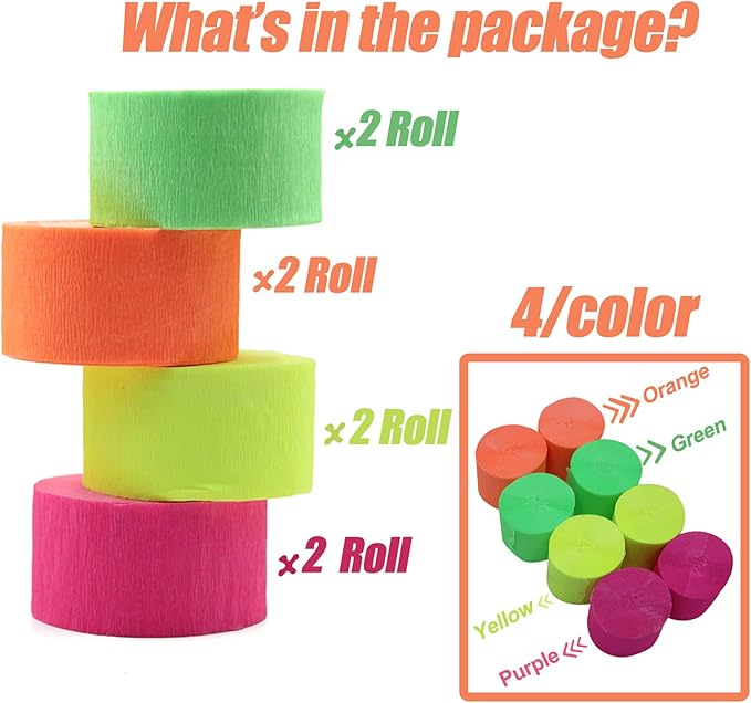 800Feets Neon Glow in The Dark Party Supplies - UV Reactive Fluorescent Crepe Paper Streamers for Wedding, Birthday, Fiesta Decorations