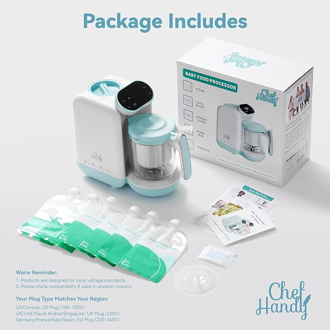 Chefhandy Baby Food Maker, Steamer & Blender, Puree Maker with Auto/Manual Blend, Steam Basket, Bottle Warmer & Sterili-zer, Compact Easy-to-Clean Baby Food Processor (White Blue)