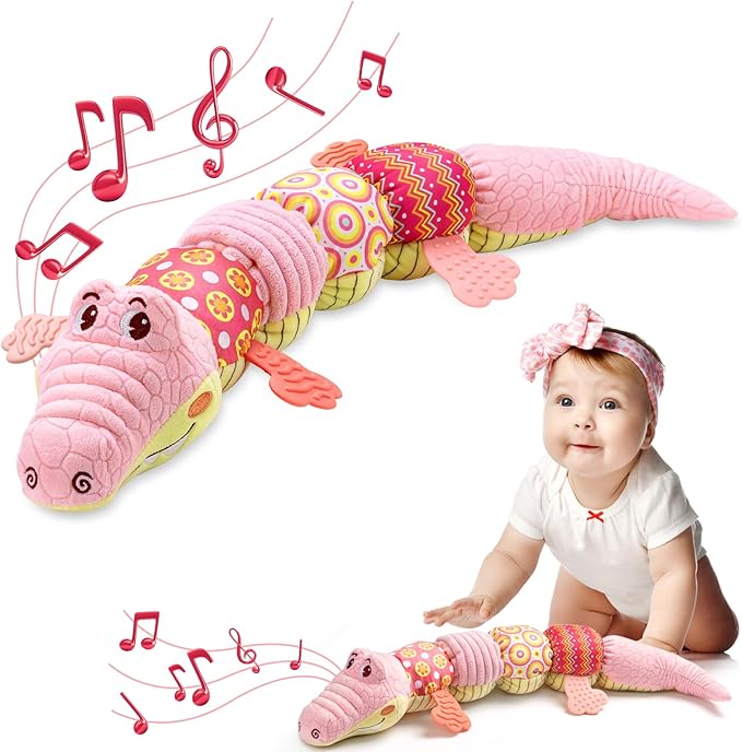 Baby Toys 0 to 12 Months, Musical Stuffed Animal Activity Soft Toys with Multi-Sensory Crinkle, Rattle and Textures,Infant Tummy Time Toys for Newborn Boys Girls, Crocodile, Pink