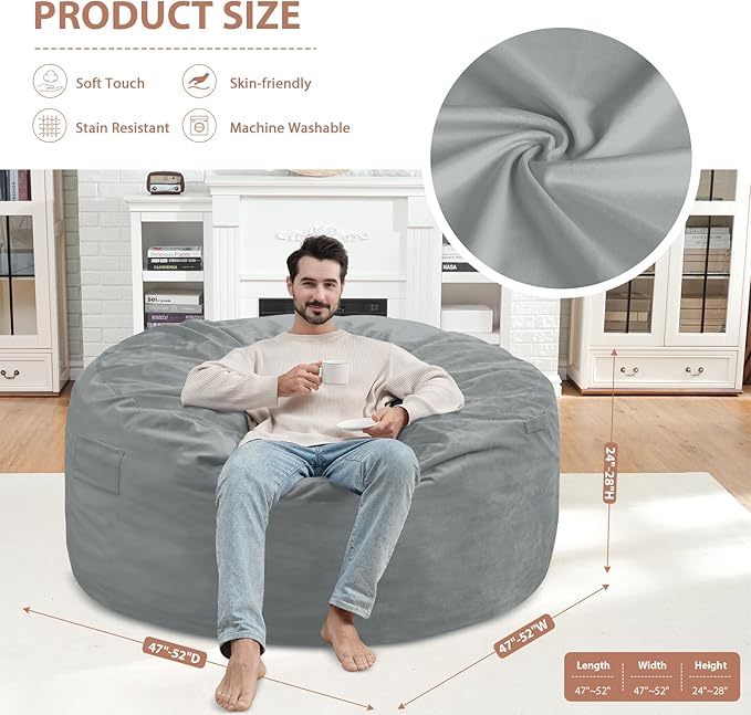 5FT Bean Bag Chair, Large Bean Bag Chairs with Memory Foam Filled, Fluffy Beanbag Sofa with Dutch Velvet Cover, Round BeanBag Chairs for Living Room, Playroom - Light Grey