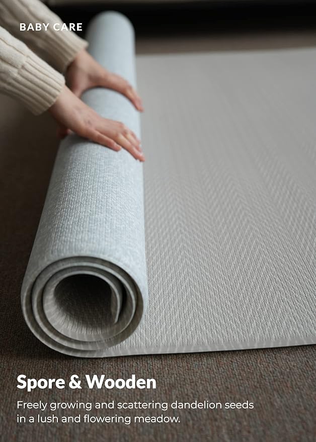 Baby Care Play Mat (Large, Hygge - Spore & Wooden) 82'' x 55'' Original One-Piece Reversible Rollable Waterproof Play Mat for Infants, Babies, Toddler, and Kids