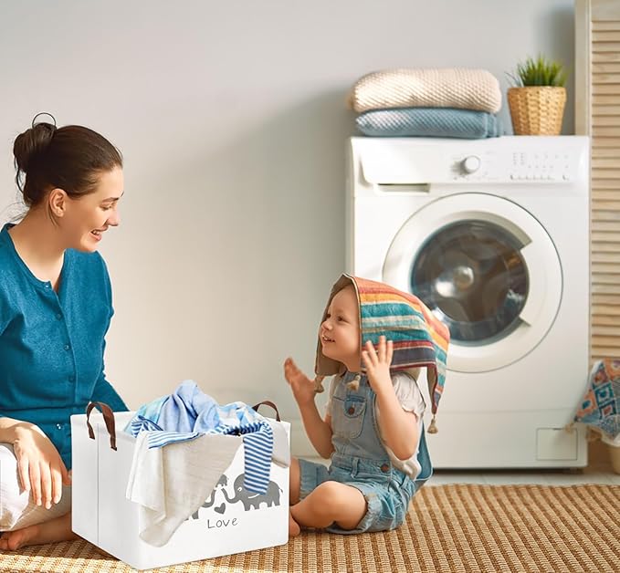 HIYAGON Baby Basket - Cute Elephant Toy Storage Bin Organizer Box Gift Basket for Boys and Girls (Love Elephants)