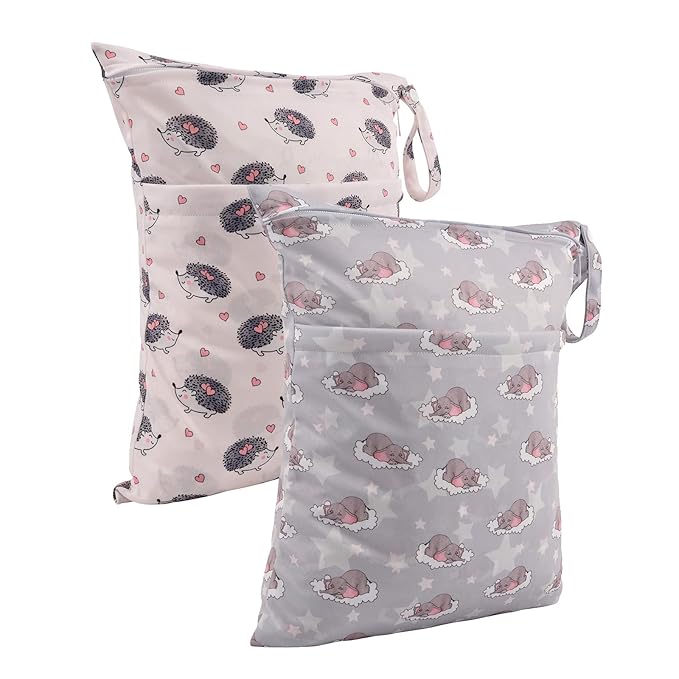 ALVABABY 2pcs Cloth Diaper Wet Dry Bags Waterproof Reusable with Two Zippered Pockets Travel Beach Pool Daycare Soiled Baby Items Yoga Gym Bag for Swimsuits or Wet Clothes LZD2324