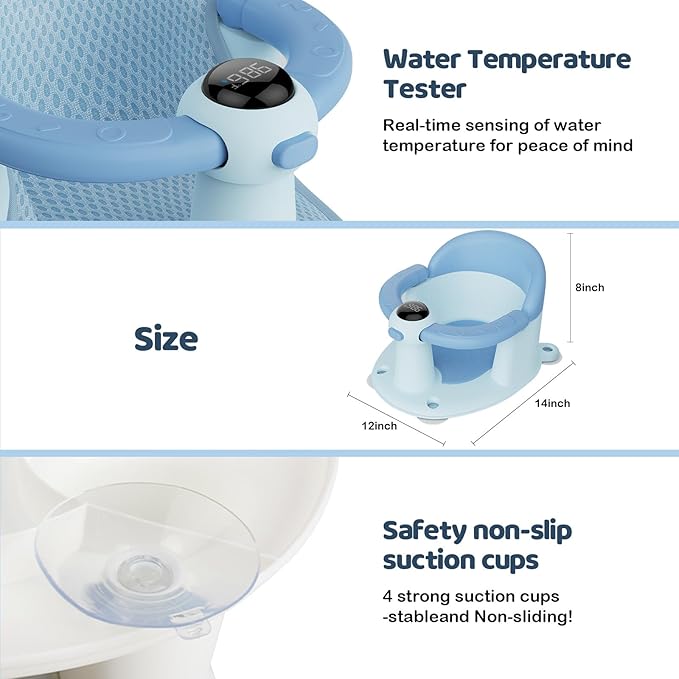 Baby Bath Seat-for Babies 6 Months & up, Water Temperature Display+Soft Cushion, Non-Slip Toddler Bath Seat for Baby, Sit Up Bath Seat for Baby, Blue