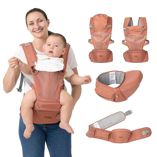 BabbleRoo Grow Carrier – Safety-Certified 6-in-1 Baby Carrier with Hip Seat, Ergonomic & Adjustable Toddler Carrier 7-50 lbs with Hip Support, Hood for Sun Protection, Newborn to Toddler,Kangaroo Rose