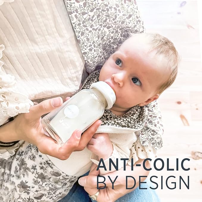 HEVEA Standard Neck Glass Baby Bottles - Natural Rubber Slow Flow Nipples - Anti Colic Baby Bottles for Breastfeeding Babies - Newborn 0+ Months - BPA-Free, Two-Pack (4 Oz)