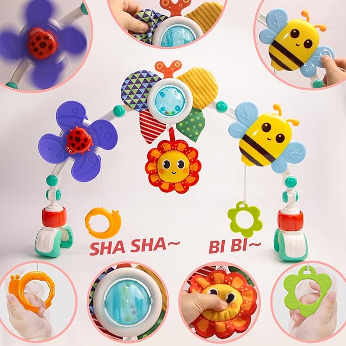 Baby Activity Arch Toy Bar for Stroller, Bassinets and Car Seat, Adjustable Crib Toys Hanging Attachment, Sensory Development Toys with Rattles